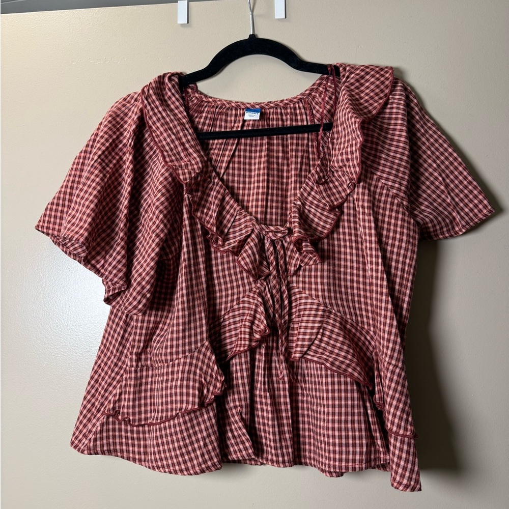 Old Navy Red Plaid Ruffle Tie-Front Blouse